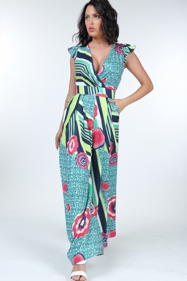 Ruffle Sleeve Surplice Bold Print Jumpsuit - Xtreme Shopper