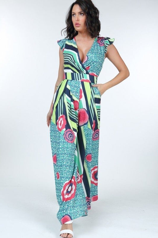 Ruffle Sleeve Surplice Bold Print Jumpsuit - Xtreme Shopper