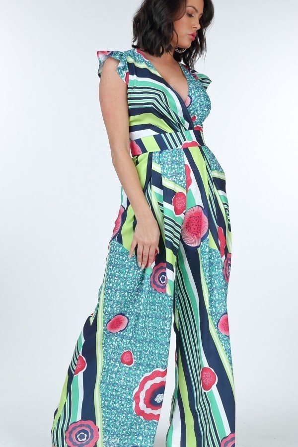 Ruffle Sleeve Surplice Bold Print Jumpsuit - Xtreme Shopper