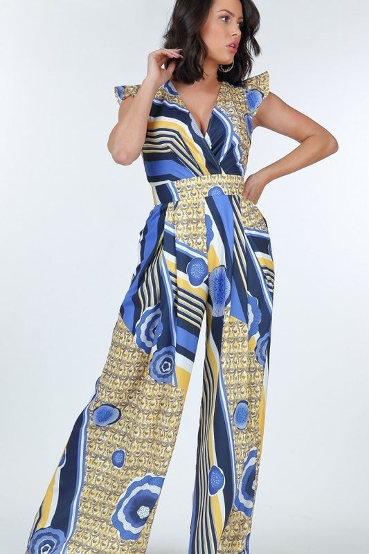 Ruffle Sleeve Surplice Geometric Print Jumpsuit - Xtreme Shopper