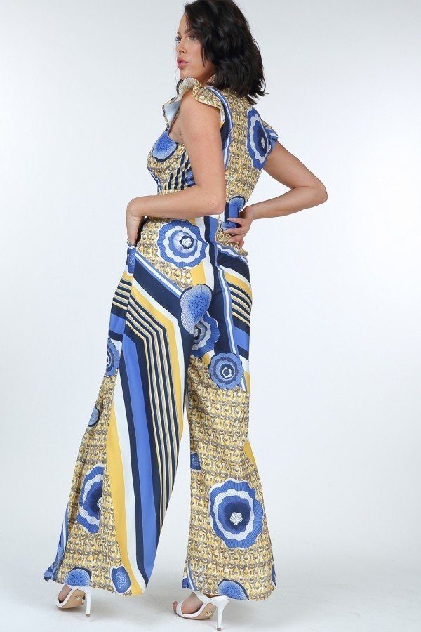 Ruffle Sleeve Surplice Geometric Print Jumpsuit - Xtreme Shopper