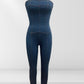 Bodycon Strapless Denim Jumpsuit With Lace Up Back - Xtreme Shopper