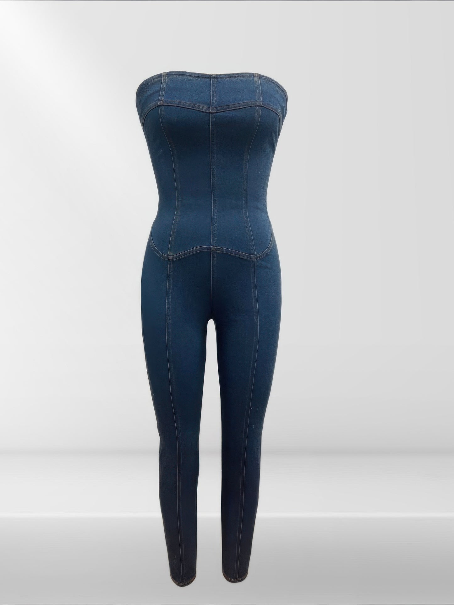 Bodycon Strapless Denim Jumpsuit With Lace Up Back - Xtreme Shopper