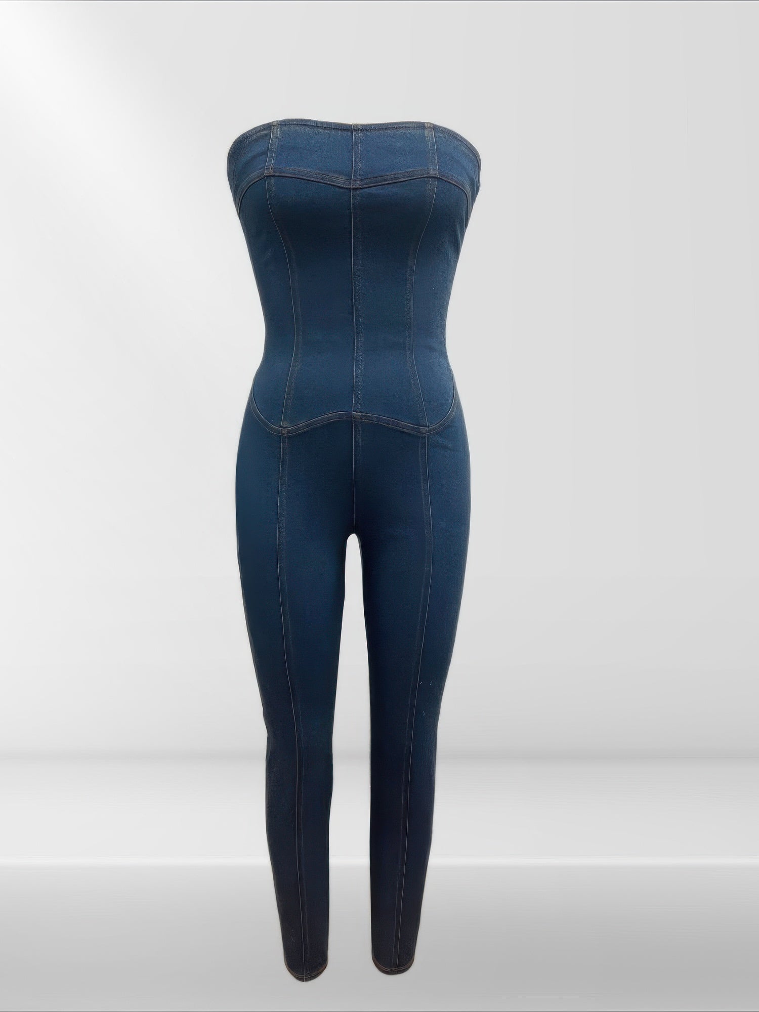 Bodycon Strapless Denim Jumpsuit With Lace Up Back - Xtreme Shopper