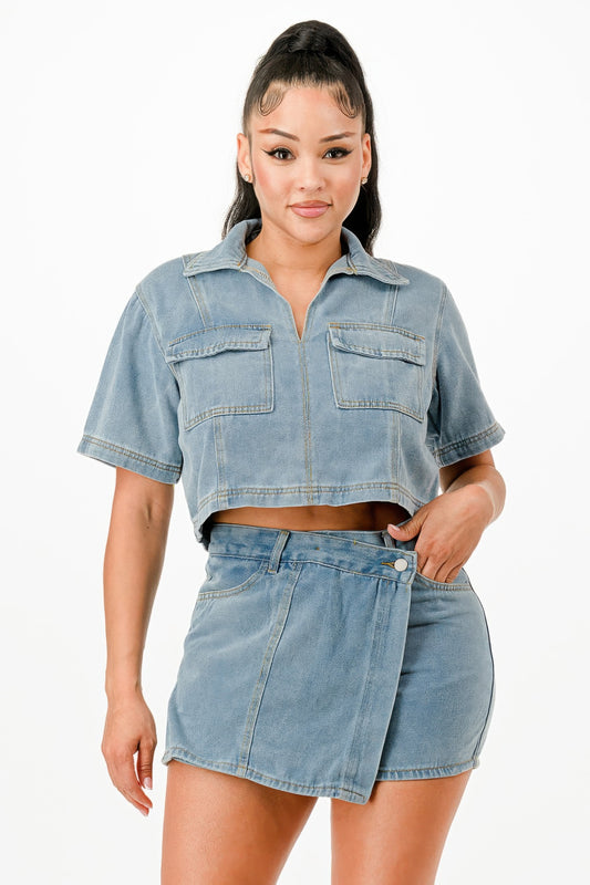 Trendy Cropped Denim Shirt And Skort Set - Xtreme Shopper