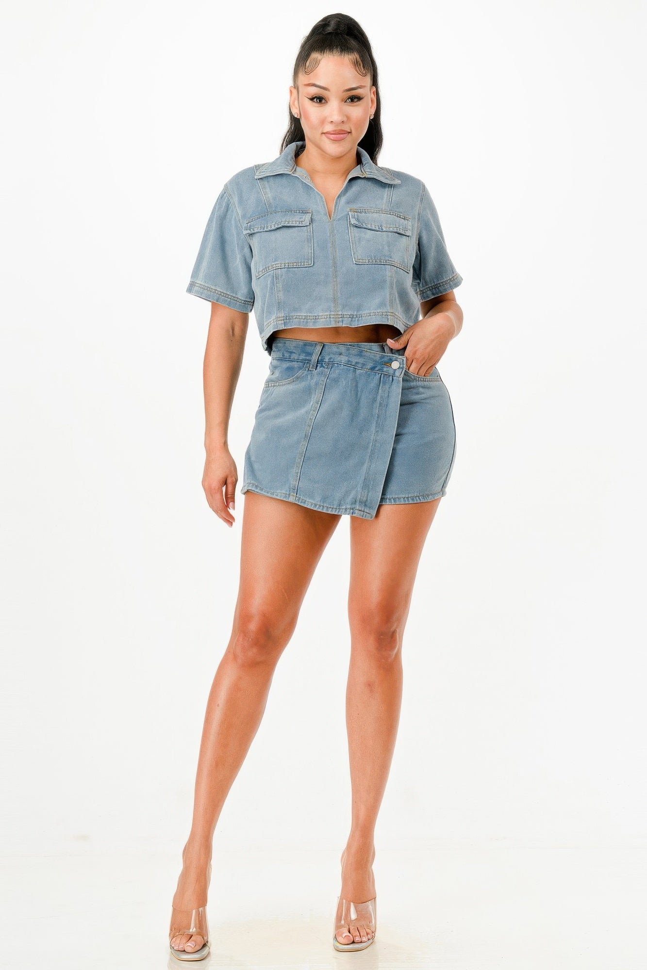 Trendy Cropped Denim Shirt And Skort Set - Xtreme Shopper