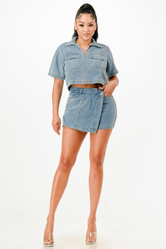 Trendy Cropped Denim Shirt And Skort Set - Xtreme Shopper