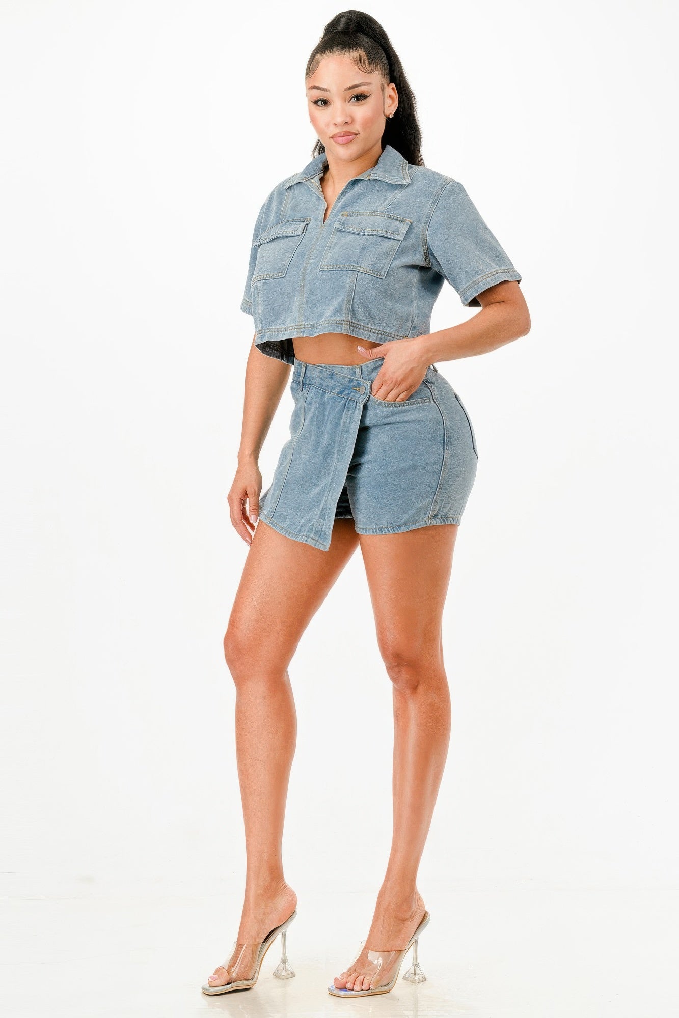 Trendy Cropped Denim Shirt And Skort Set - Xtreme Shopper