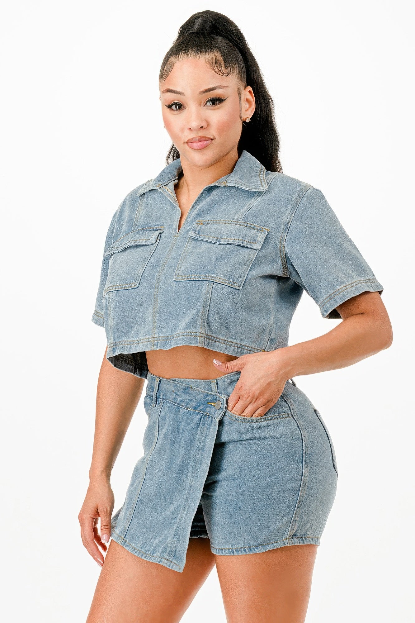 Trendy Cropped Denim Shirt And Skort Set - Xtreme Shopper