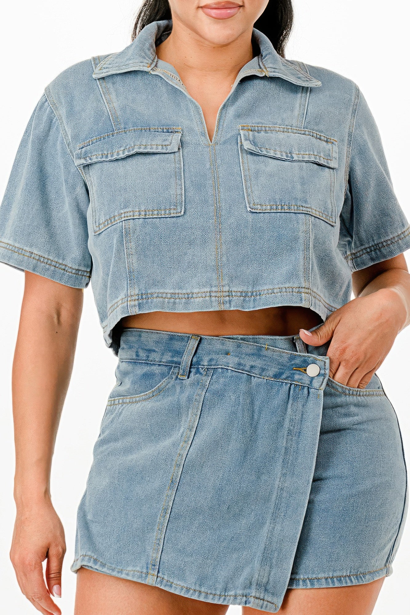 Trendy Cropped Denim Shirt And Skort Set - Xtreme Shopper