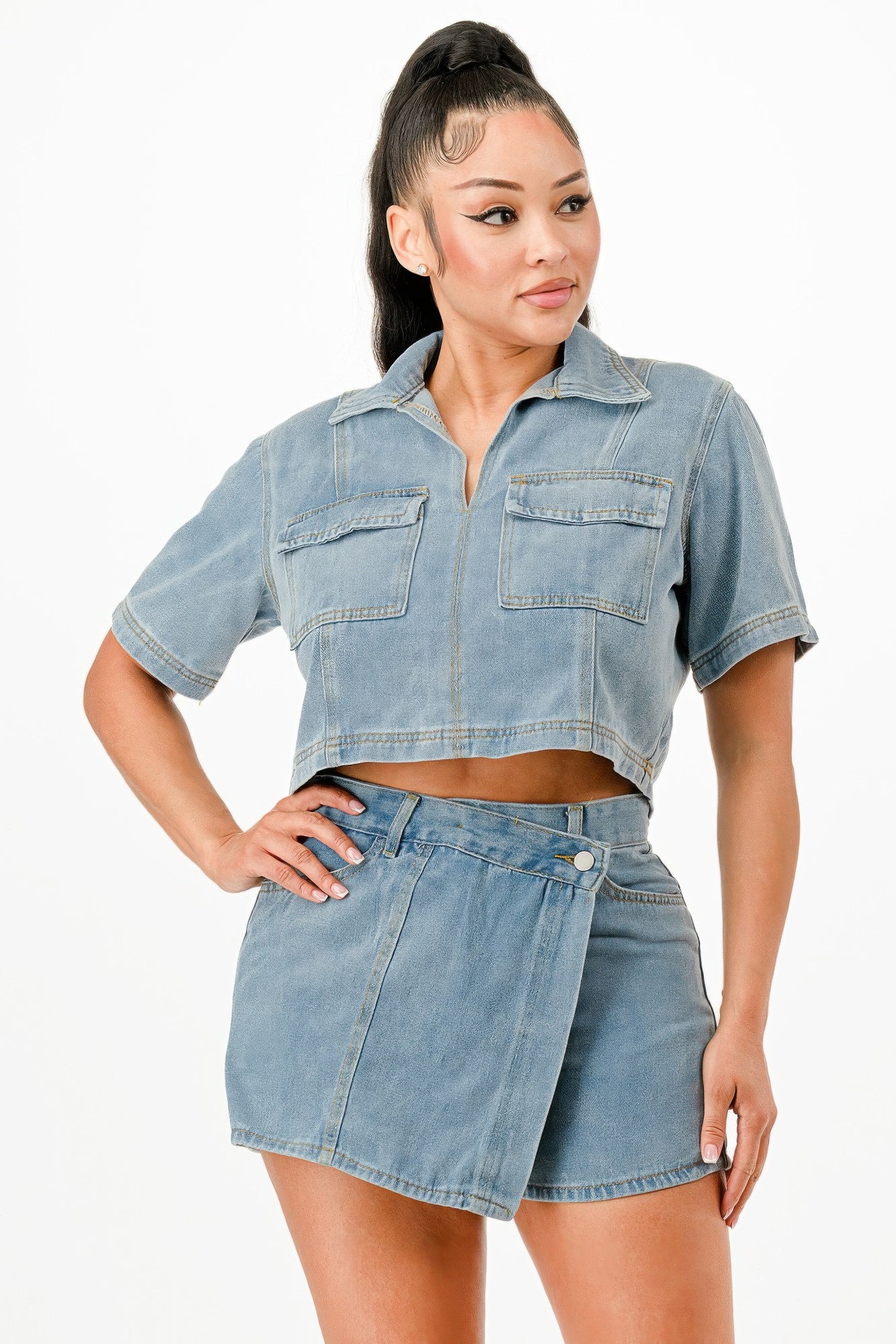 Trendy Cropped Denim Shirt And Skort Set - Xtreme Shopper