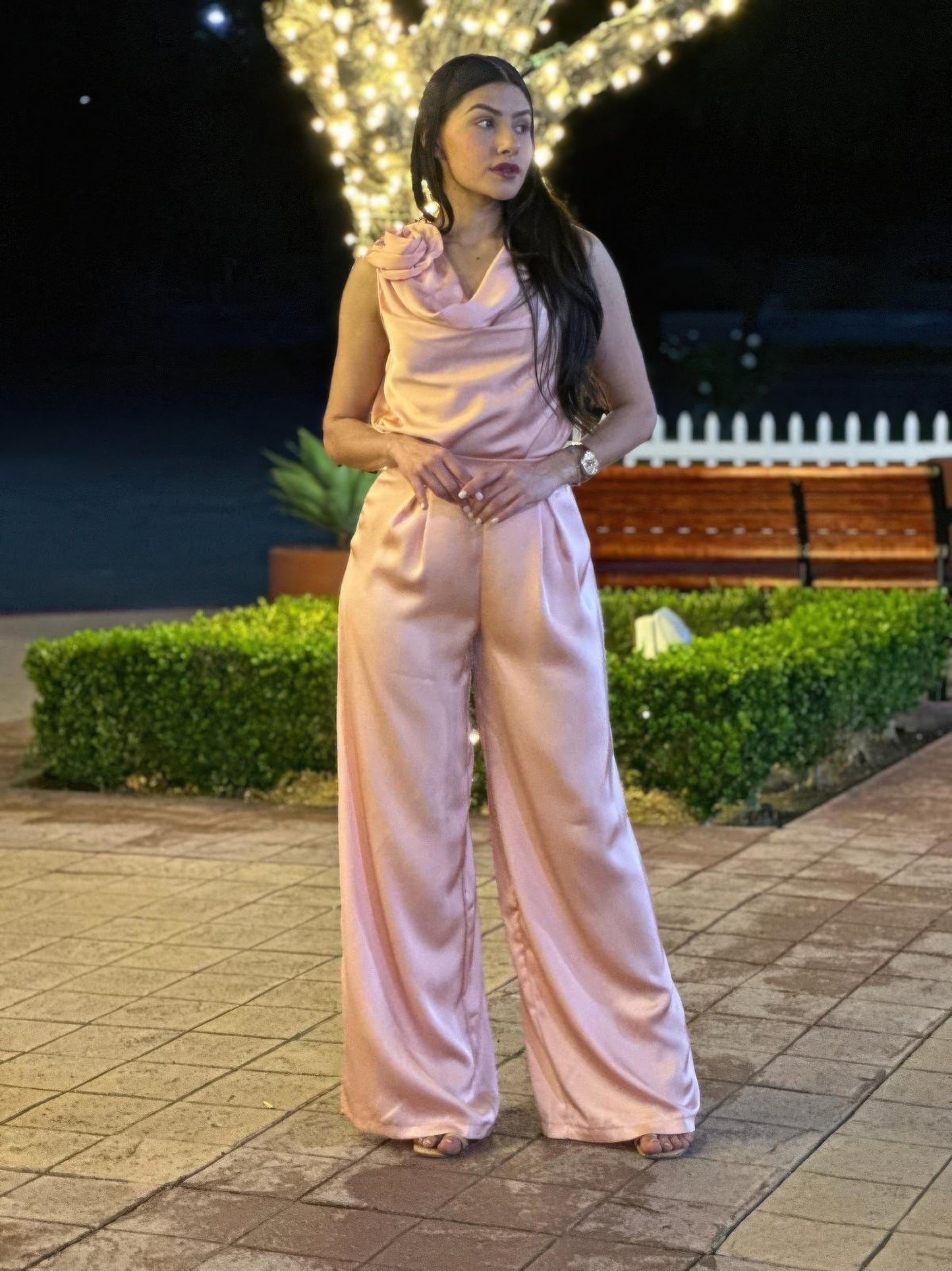 Satin Wide Leg Pants & Flower Sleeveless Top Set - Xtreme Shopper
