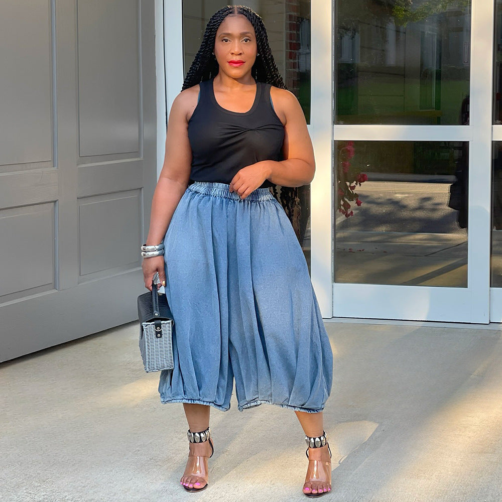 Trendy Cropped Wide Leg Denim Pants