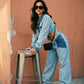 Trendy Two Tone Cropped Contrast Denim Jeans and Cropped Top Set