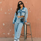 Trendy Two Tone Cropped Contrast Denim Jeans and Cropped Top Set