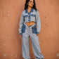 Trendy Two Tone Cropped Contrast Denim Jeans and Cropped Top Set