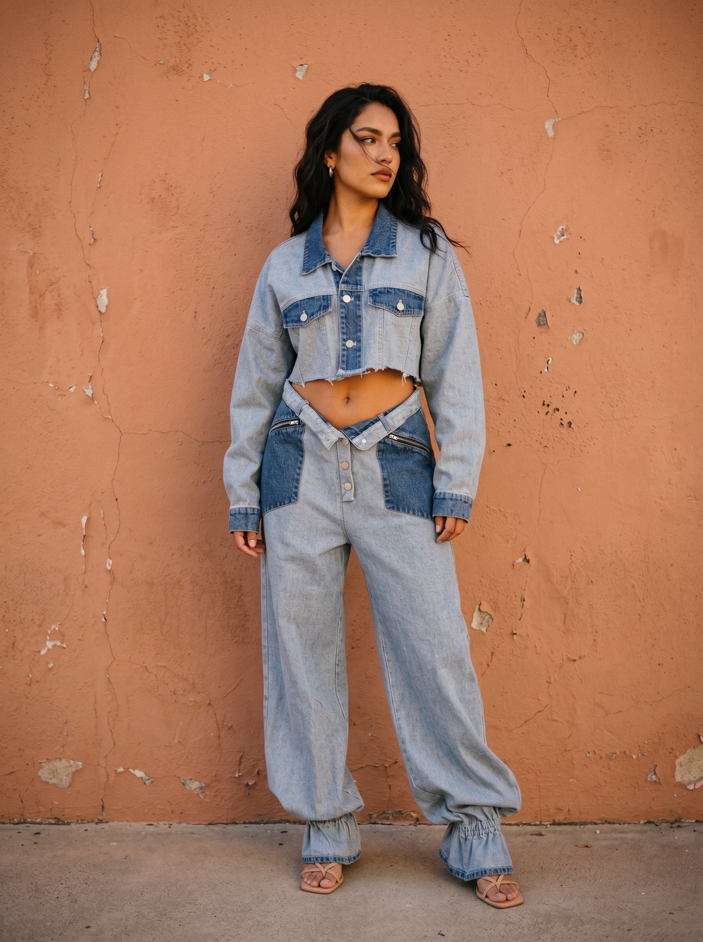 Trendy Two Tone Cropped Contrast Denim Jeans and Cropped Top Set