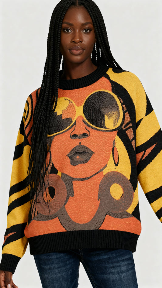 Vacation Vibes Black Woman Afrocentric Relaxed Fit Knit Crew Neck Unisex Sweater