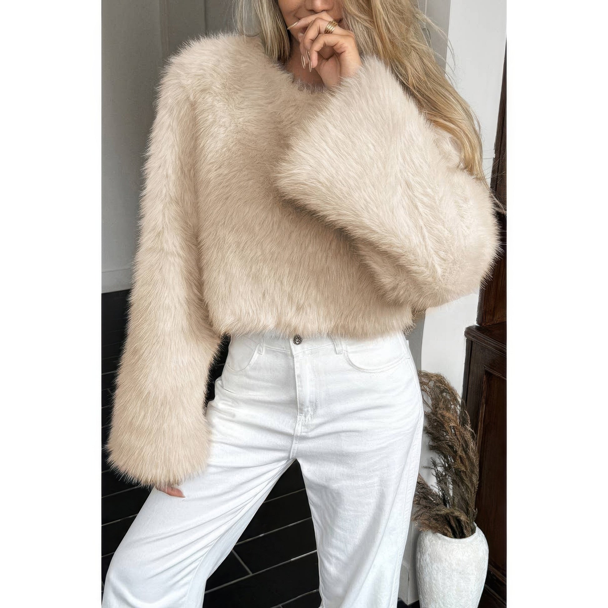 Solid Faux Fur Back Hidden Zipper Cropped Pullover Coat - Xtreme Shopper