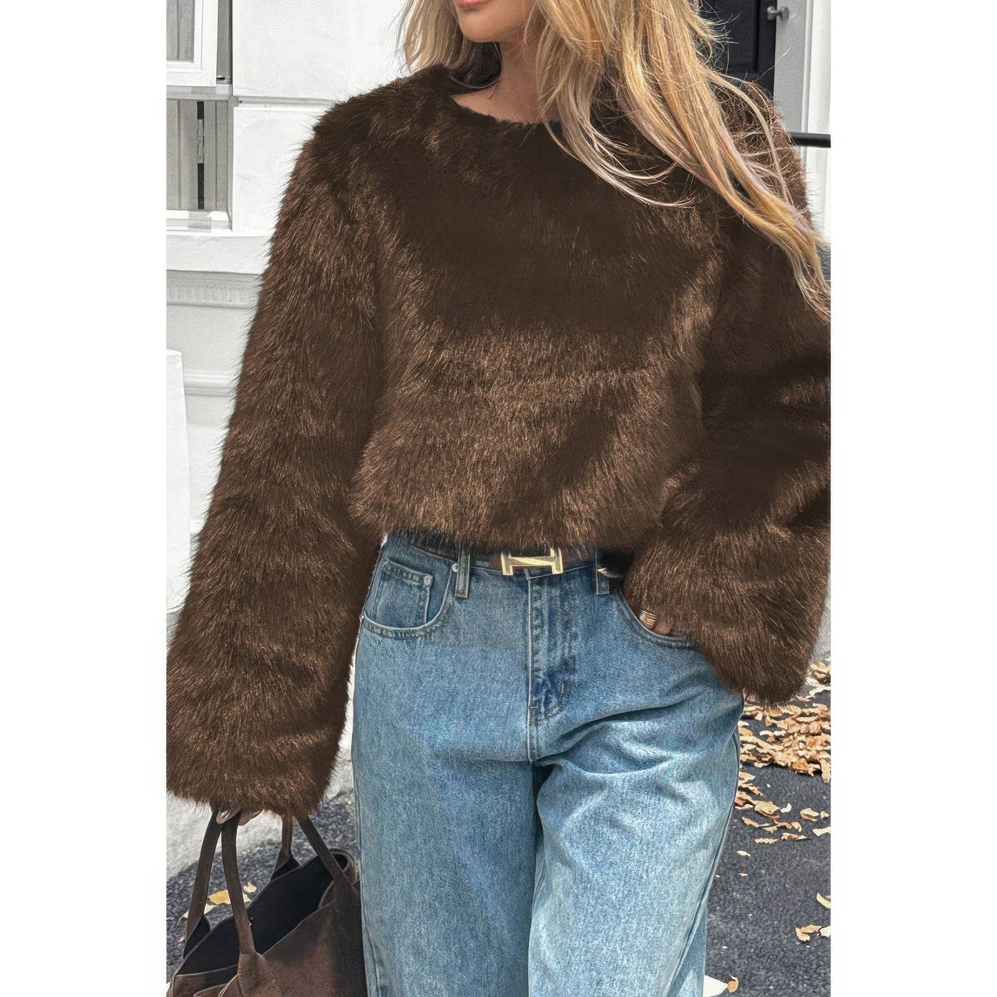 Solid Faux Fur Back Hidden Zipper Cropped Pullover Coat - Xtreme Shopper