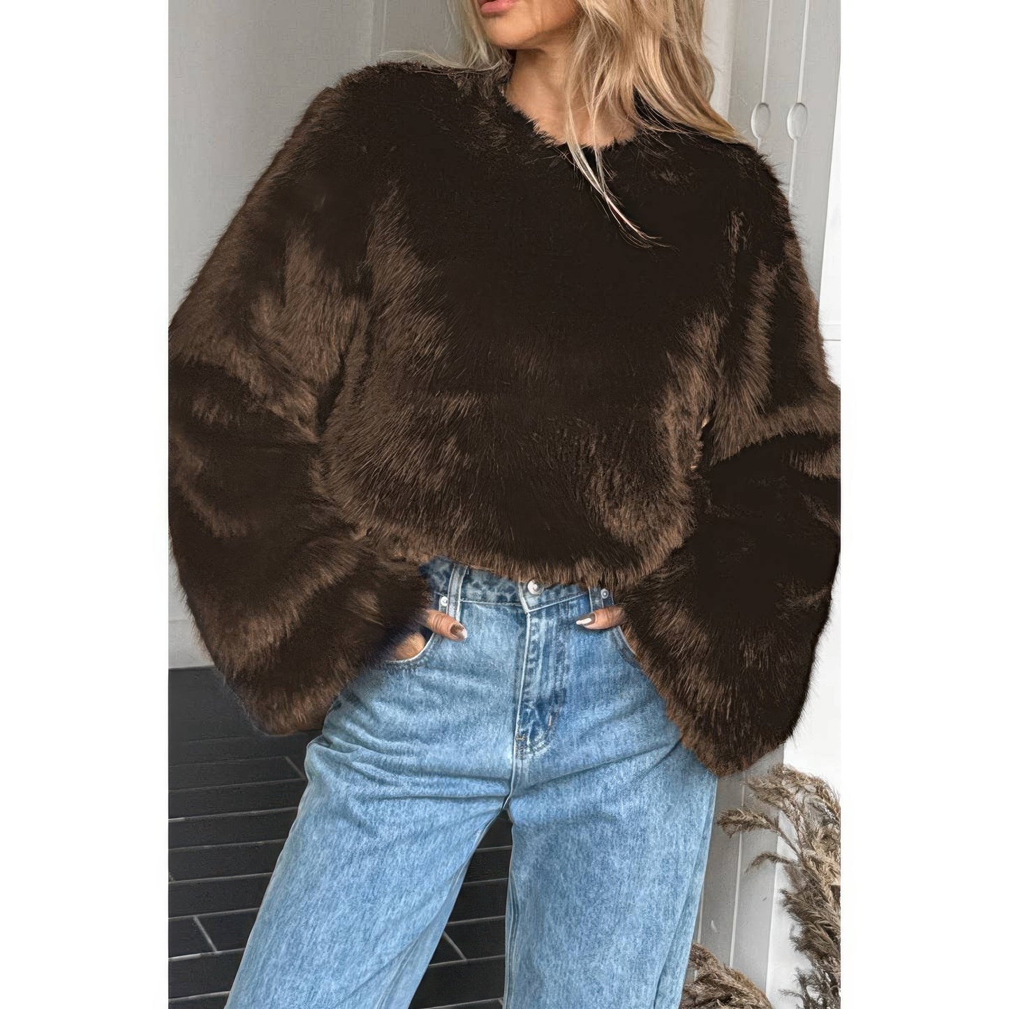 Solid Faux Fur Back Hidden Zipper Cropped Pullover Coat - Xtreme Shopper