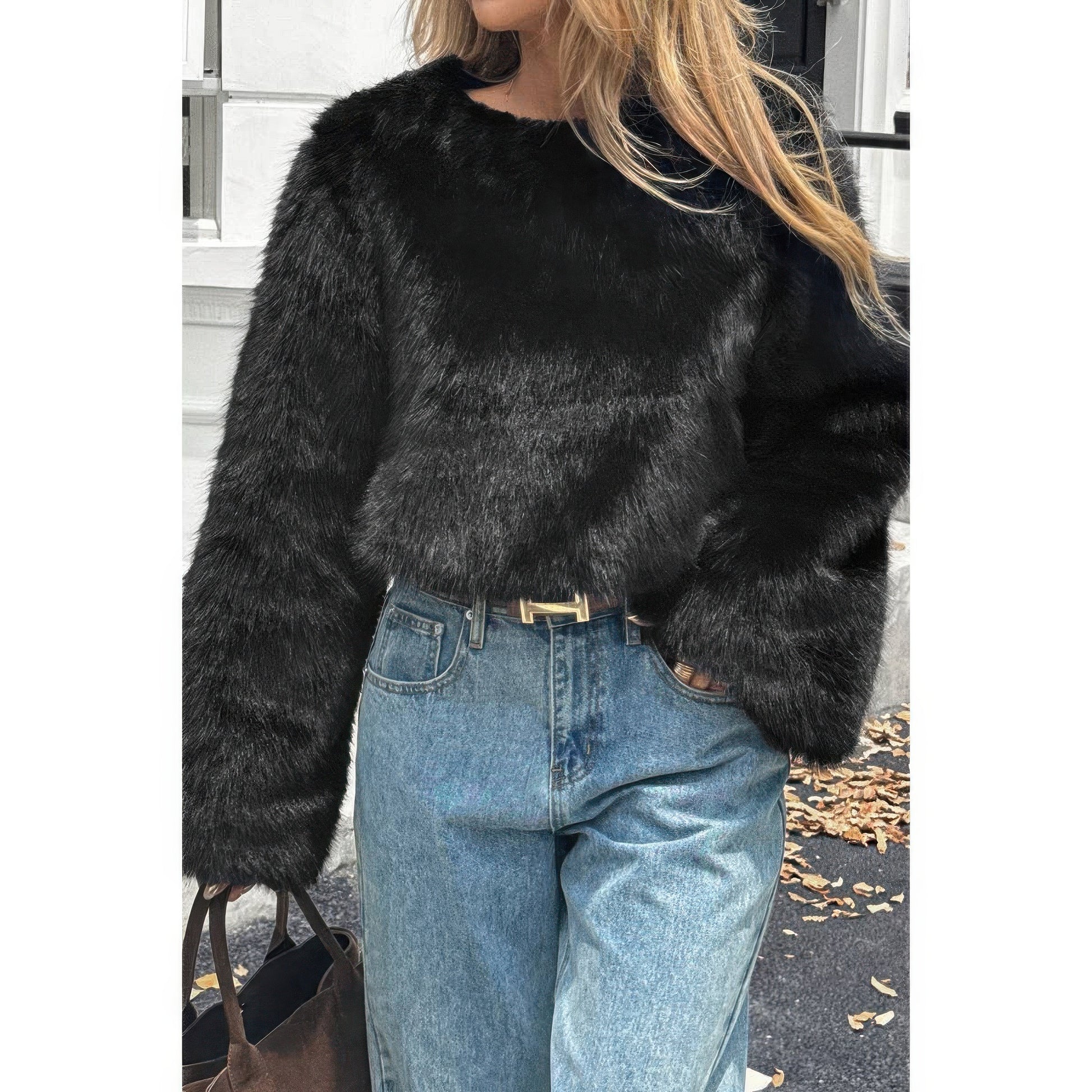 Solid Faux Fur Back Hidden Zipper Cropped Pullover Coat - Xtreme Shopper