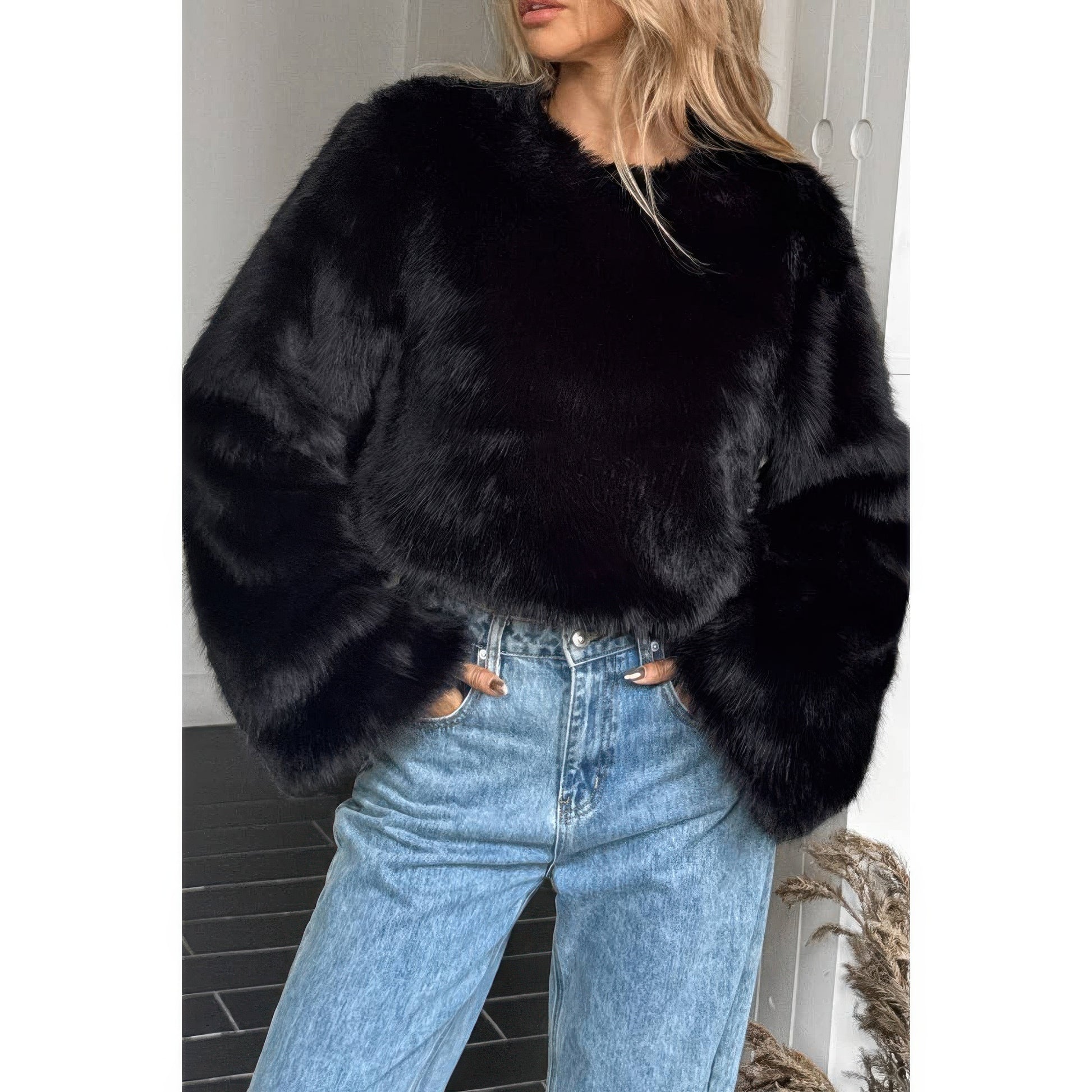 Solid Faux Fur Back Hidden Zipper Cropped Pullover Coat - Xtreme Shopper