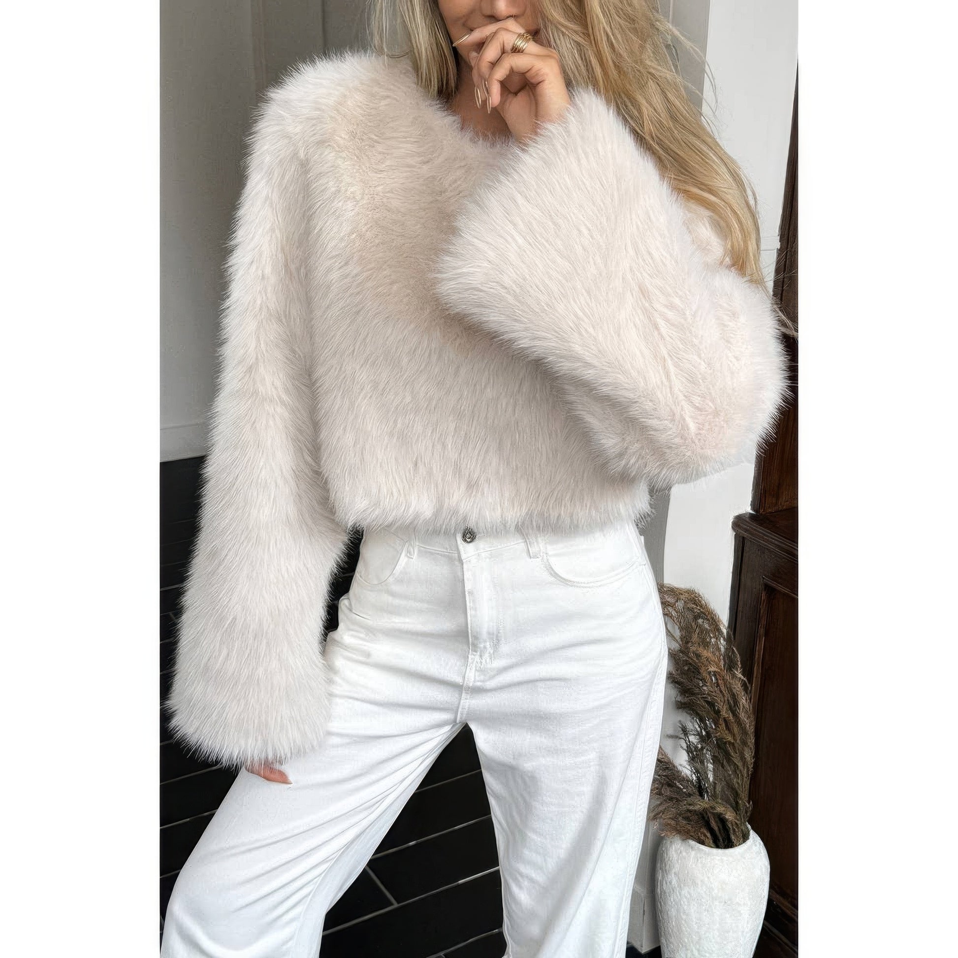 Solid Faux Fur Back Hidden Zipper Cropped Pullover Coat - Xtreme Shopper