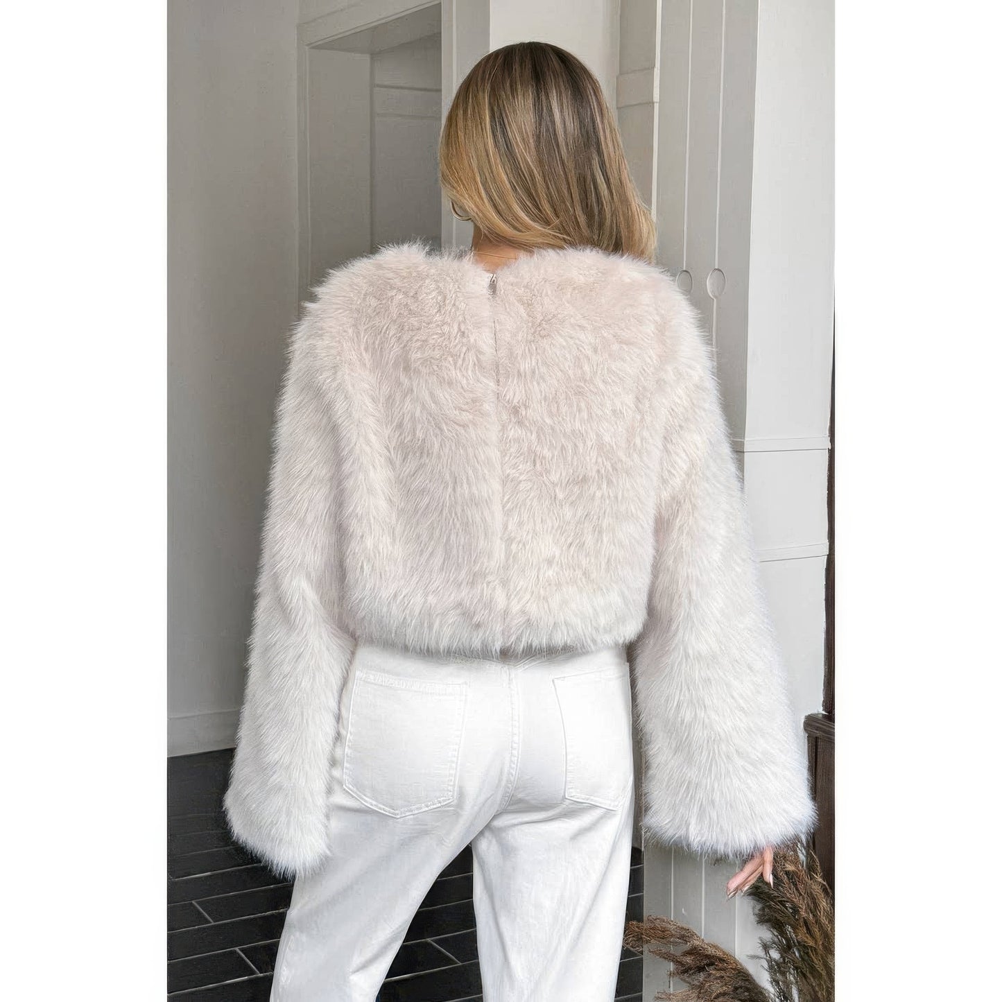 Solid Faux Fur Back Hidden Zipper Cropped Pullover Coat - Xtreme Shopper