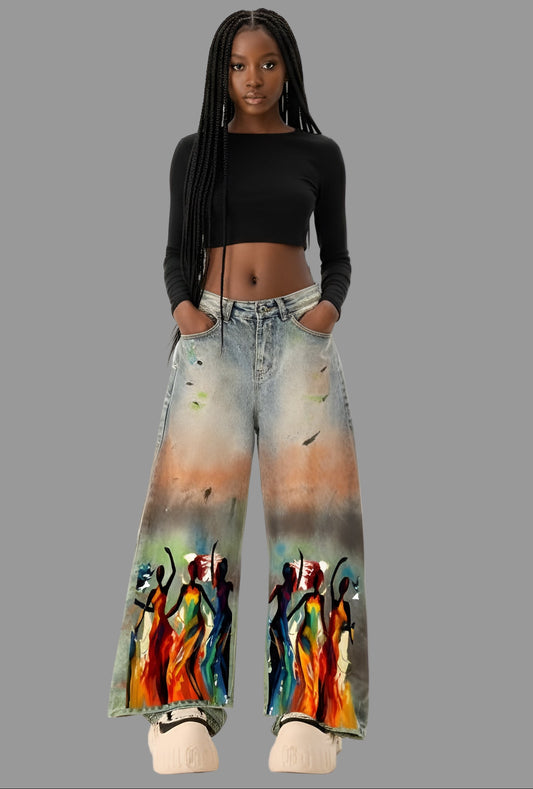 The Fluidity Afrocentric Print Unisex Vintage Washed Distressed Paint-Splatter Denim Jeans - Xtreme Shopper