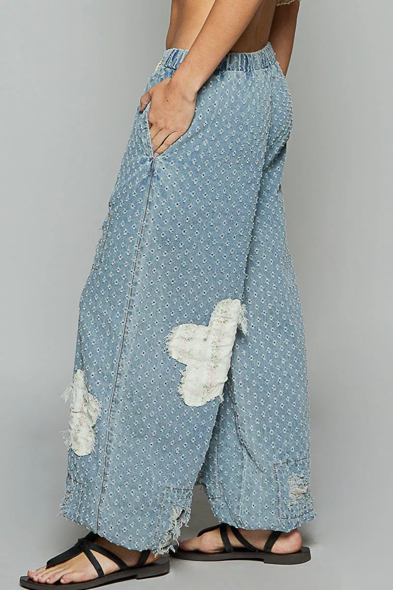 POL Boho Floral Patch Washed Textured Twill Pants with Crochet See Thru Patch - Xtreme Shopper