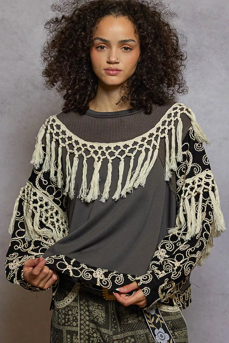 POL Boho Contrast Floral Embroidery Balloon Sleeve Top with Tassel Trim - Xtreme Shopper