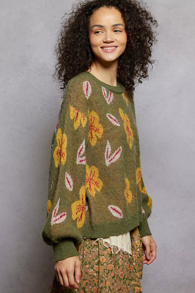 POL Floral Pattern Round Neck Balloon Sleeve Wool Blend Sweater - Xtreme Shopper