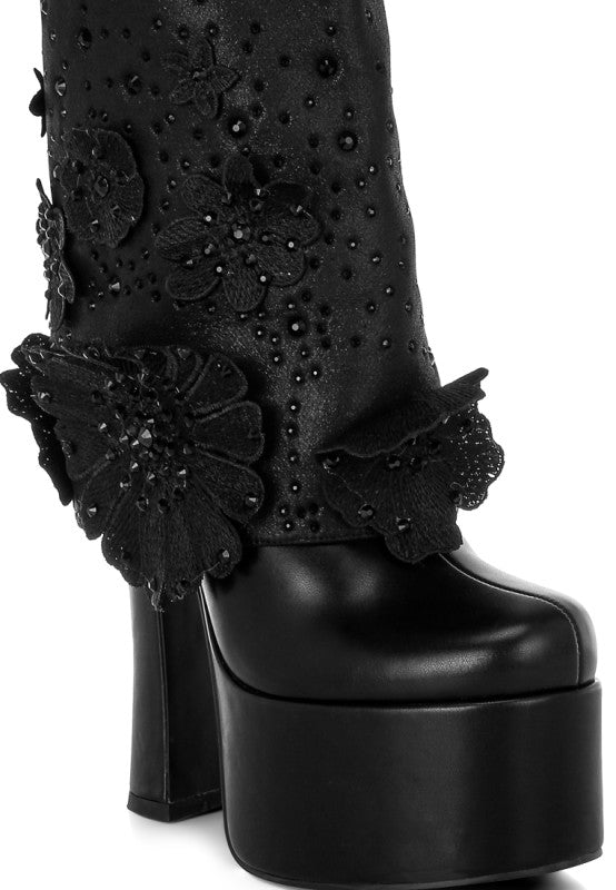Sundra Floral Applique Platform Heeled Boots - Xtreme Shopper