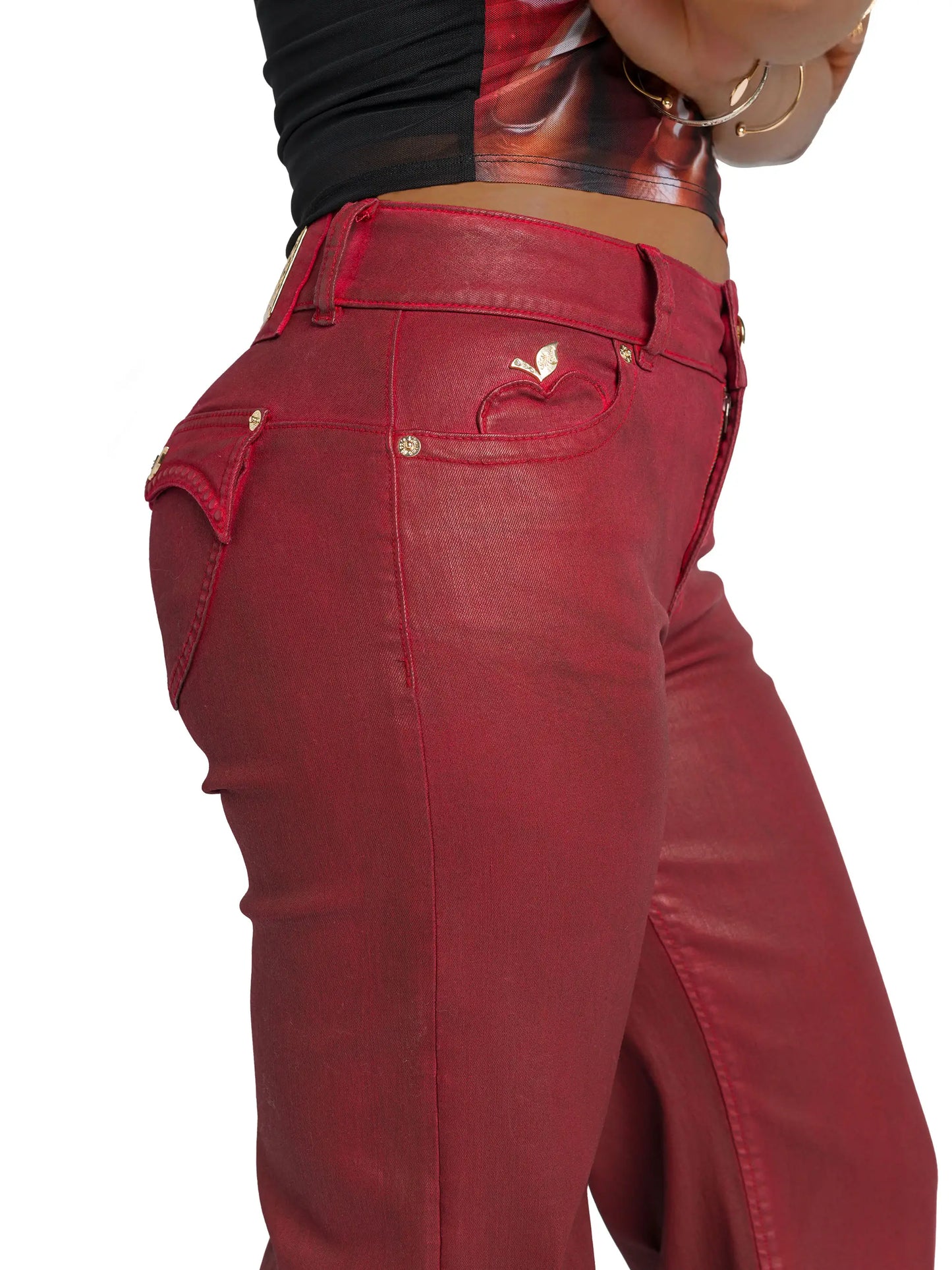 Low Rise Wide Leg Leather Look Jean - Red Delicious