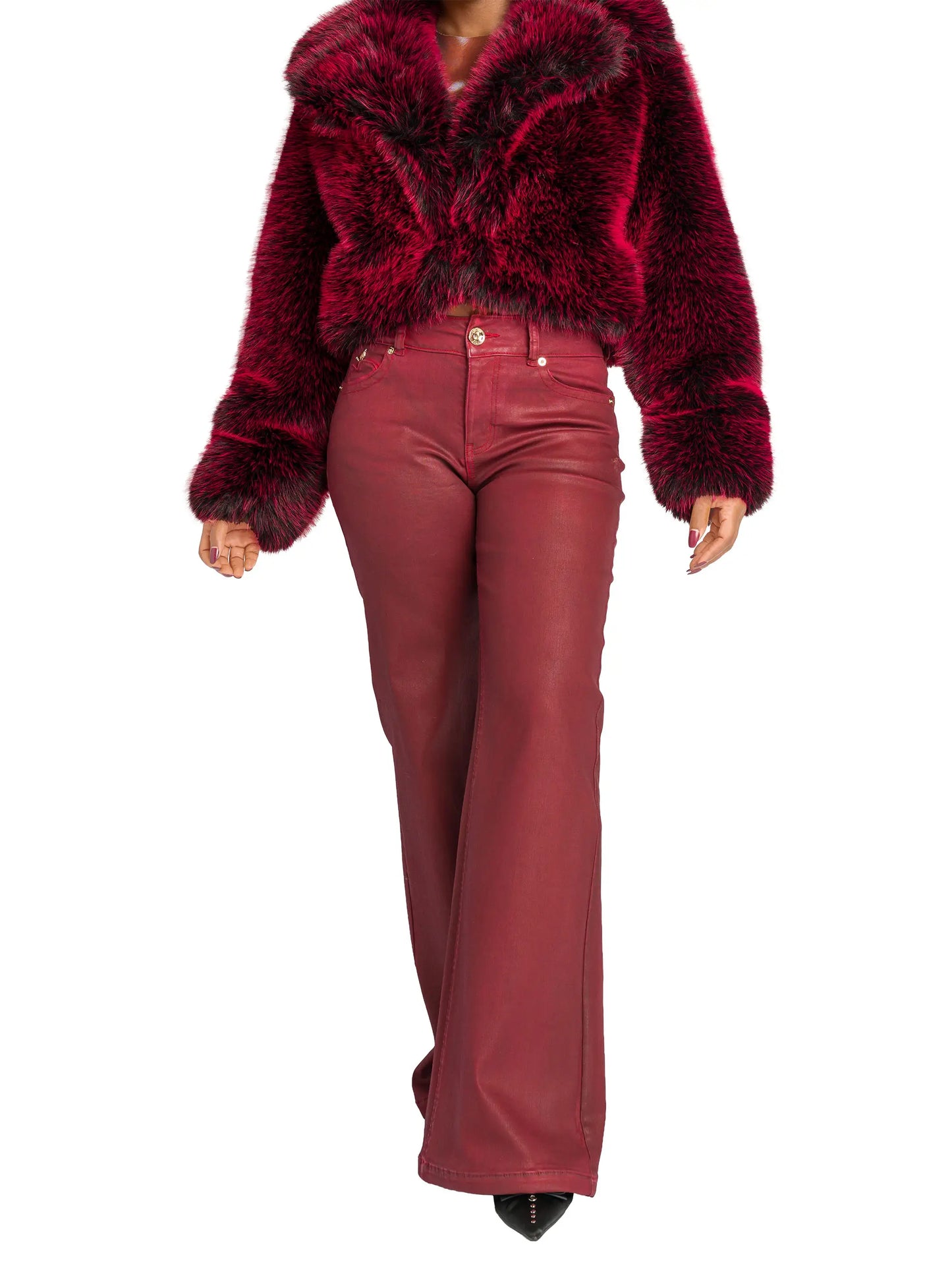 Low Rise Wide Leg Leather Look Jean - Red Delicious
