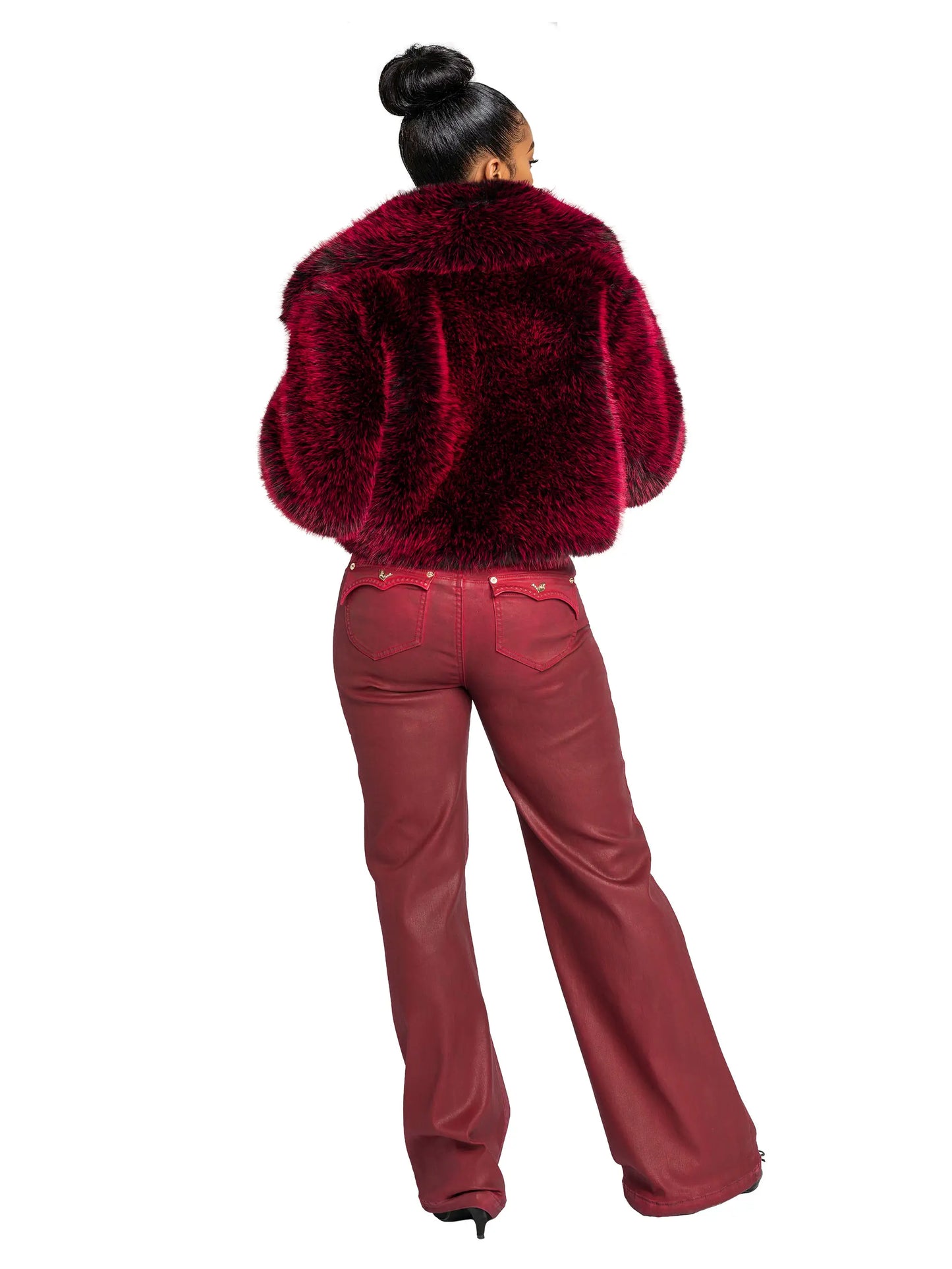 Low Rise Wide Leg Leather Look Jean - Red Delicious
