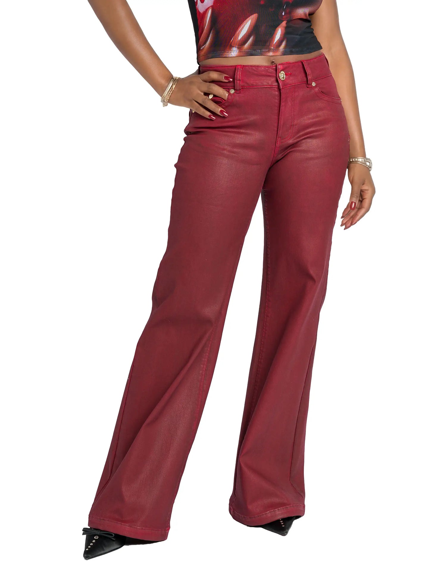 Low Rise Wide Leg Leather Look Jean - Red Delicious