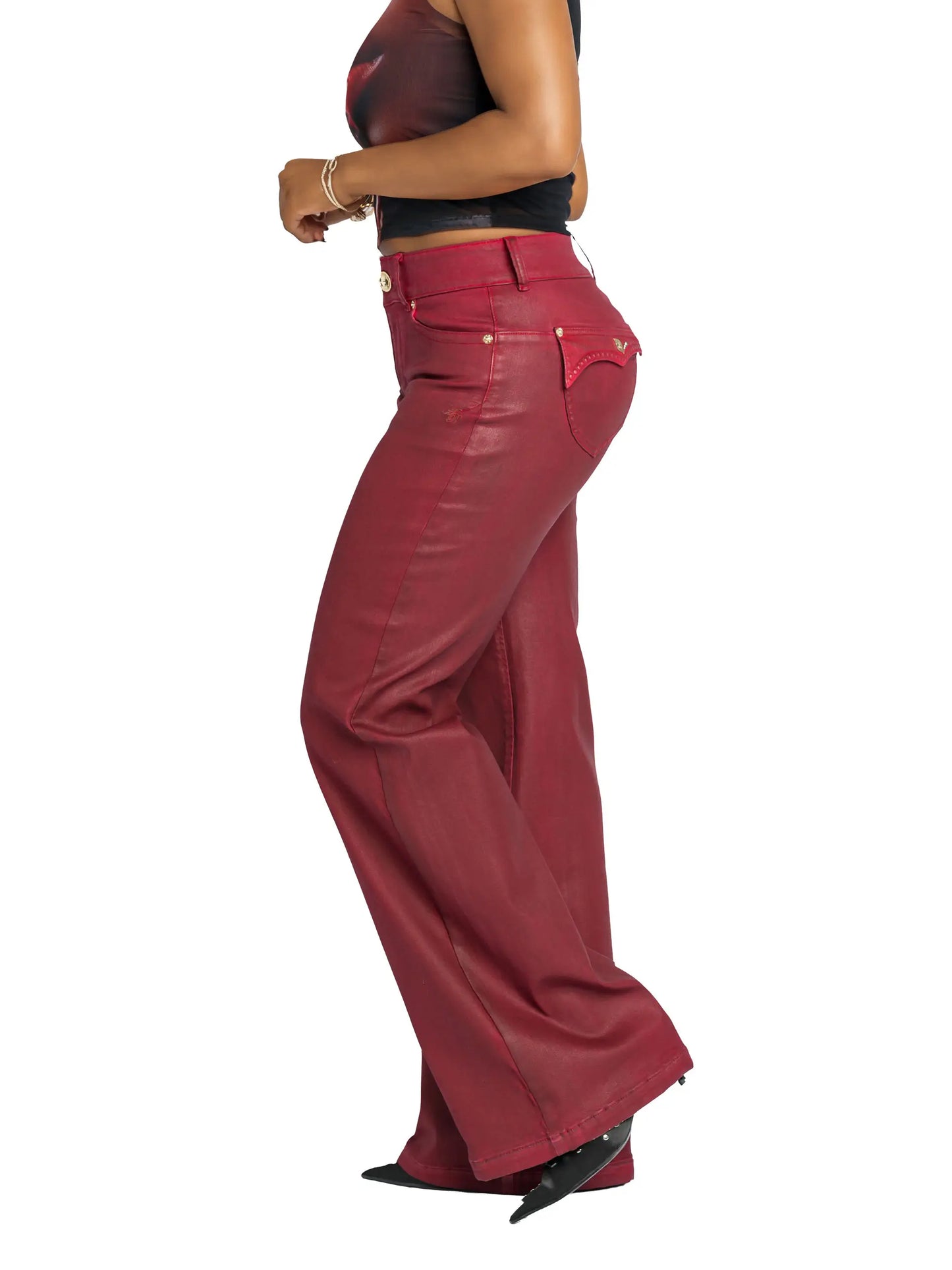 Low Rise Wide Leg Leather Look Jean - Red Delicious