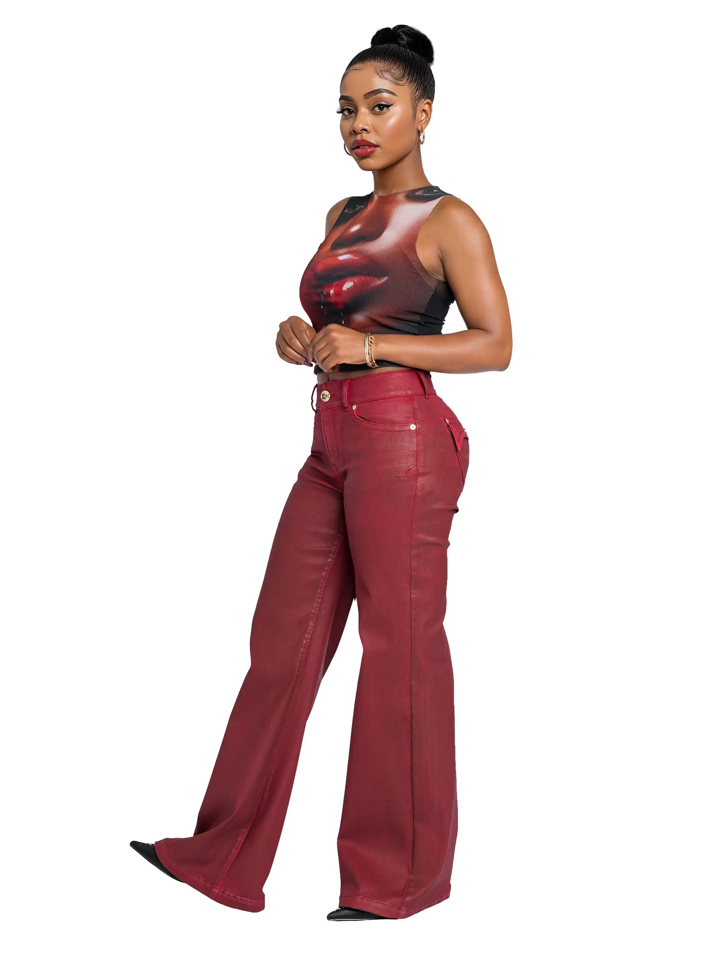 Low Rise Wide Leg Leather Look Jean - Red Delicious