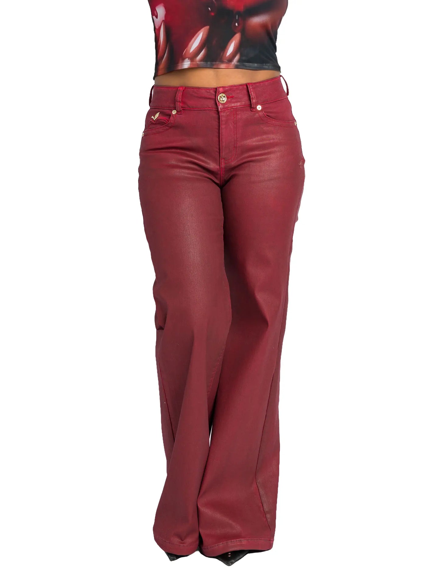 Low Rise Wide Leg Leather Look Jean - Red Delicious