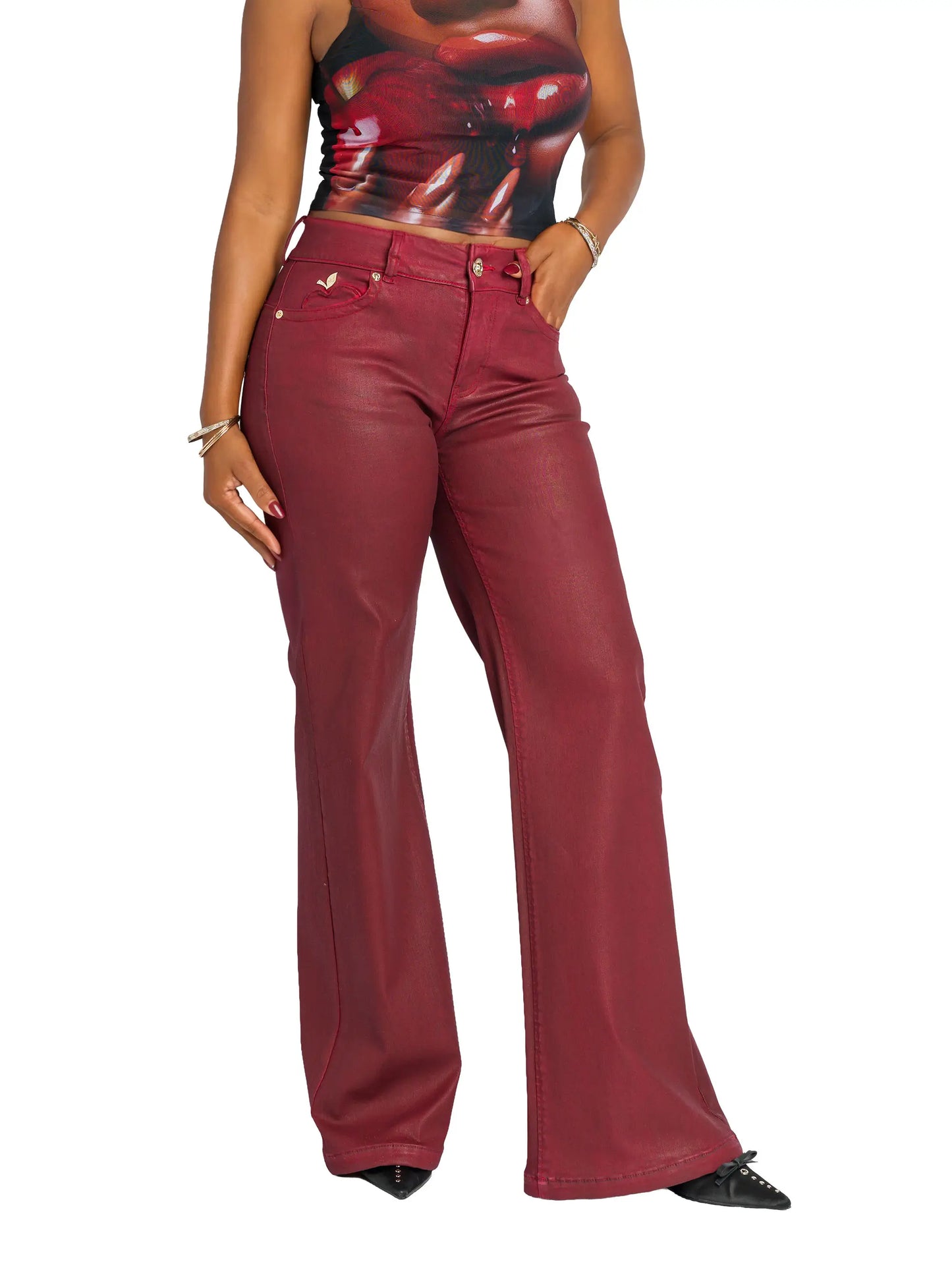 Low Rise Wide Leg Leather Look Jean - Red Delicious