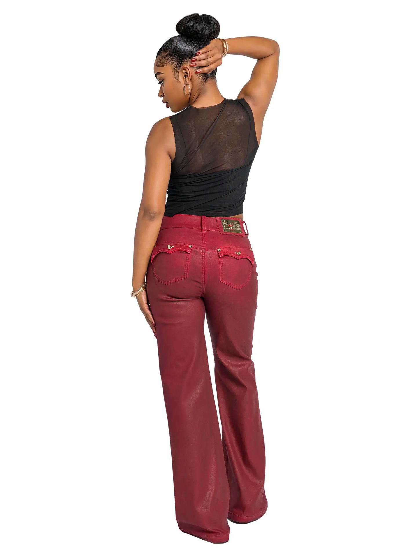 Low Rise Wide Leg Leather Look Jean - Red Delicious