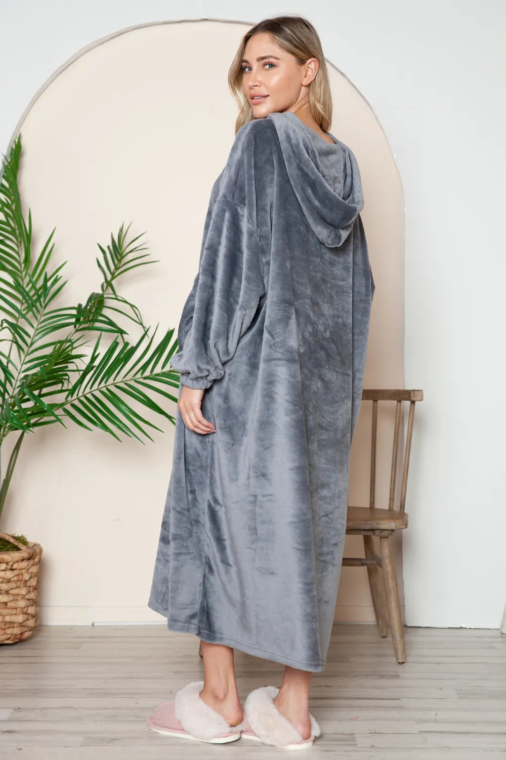 Double Vented Robe Double Take Full Size Pocketed Hooded Velour Blanket Lounge Robe
