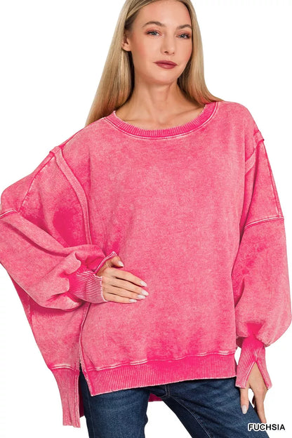 Zenana Acid Washed Batwing Sleeve Fleece Sweatshirt - Xtreme Shopper