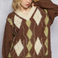 POL V-Neck Argyle Pattern Mohair Sweater with Contrast Exposed Stitch Detail - Xtreme Shopper