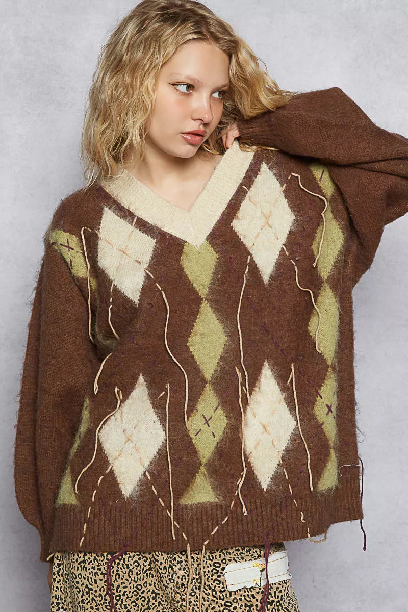 POL V-Neck Argyle Pattern Mohair Sweater with Contrast Exposed Stitch Detail - Xtreme Shopper