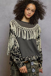 POL Boho Contrast Floral Embroidery Balloon Sleeve Top with Tassel Trim - Xtreme Shopper