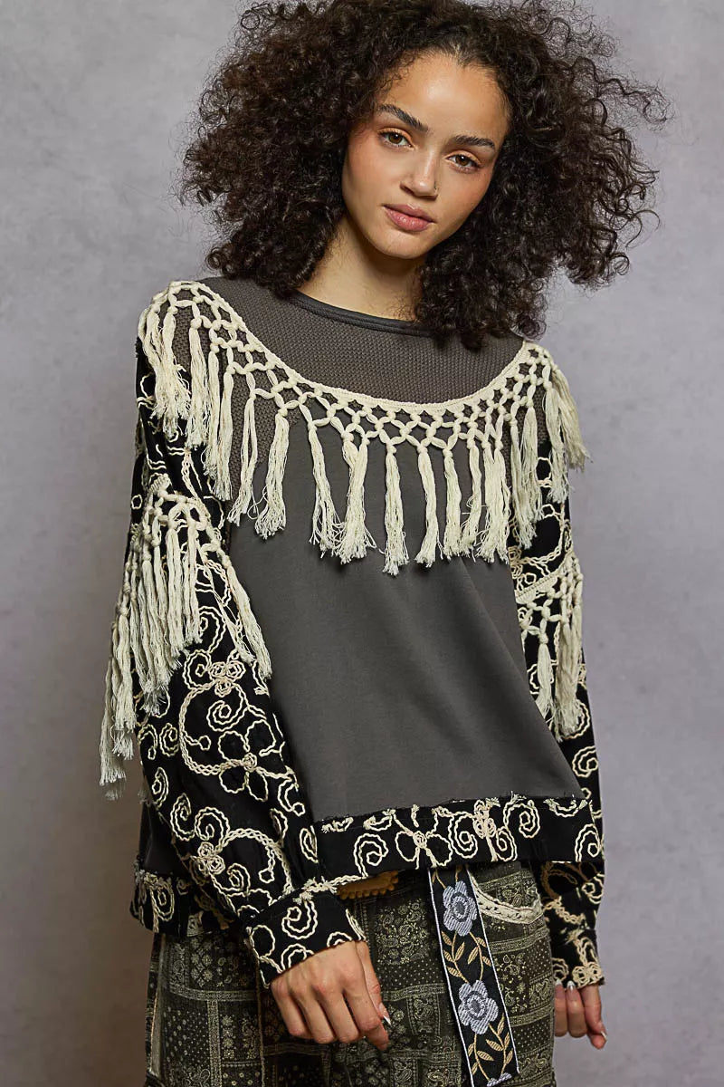 POL Boho Contrast Floral Embroidery Balloon Sleeve Top with Tassel Trim - Xtreme Shopper