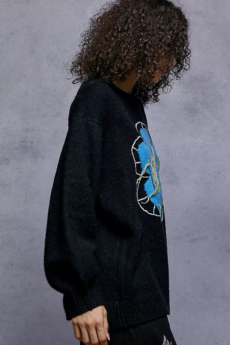 POL Floral Pattern Round Neck Sweater with Exposed Stitching - Xtreme Shopper